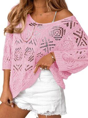 🆕Women's Pink Crochet Top Sleeve Off Shoulder Mesh Boho Beach  Cover Up